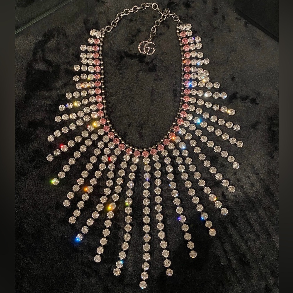 Authentic Gucci Antiqued Palladium / Pink Strass Crystal Necklace